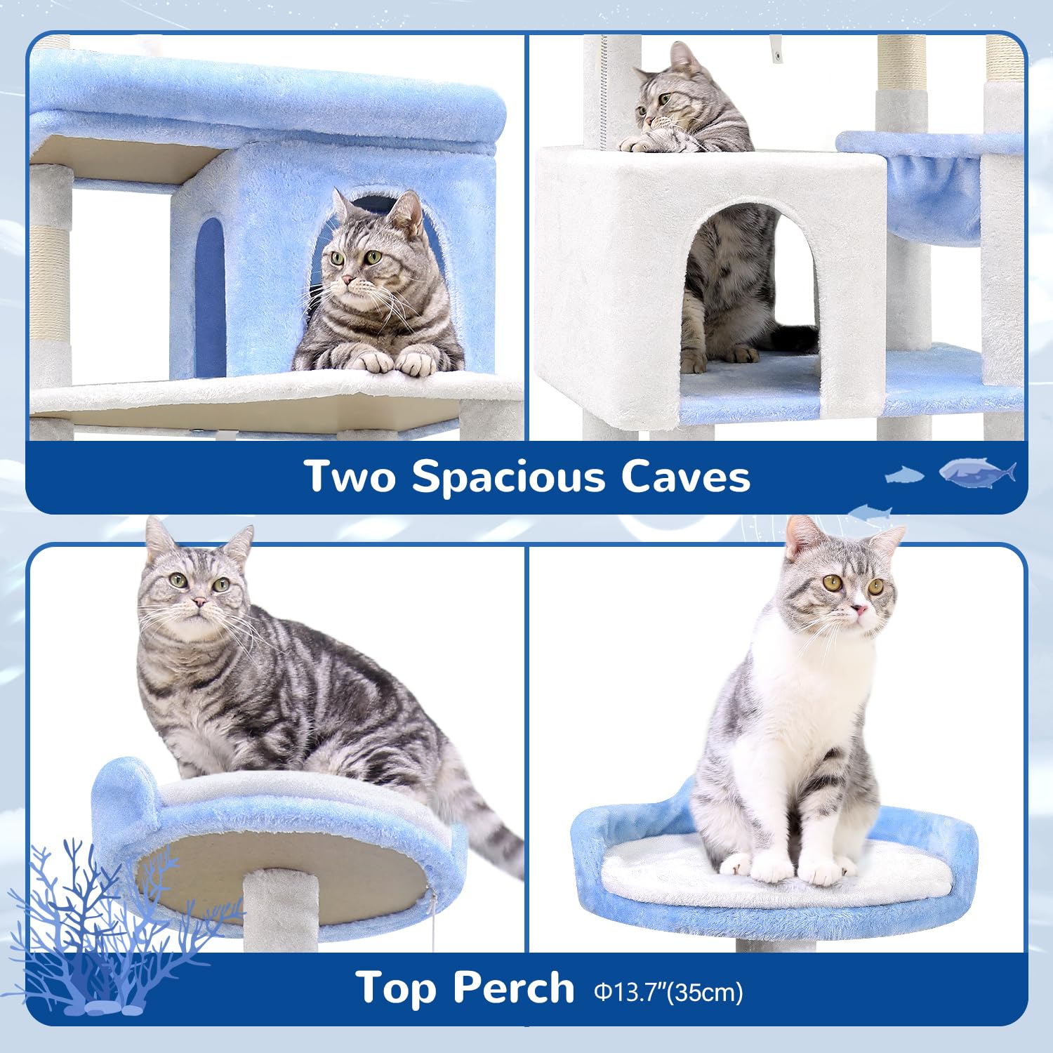 Globlazer S72 Heavy Duty Ocean Blue Cat Tree For Large Cats, Sturdy 72In Maine Coon Cat Tree For Large Cats 20 Lbs+, Cool Heavy